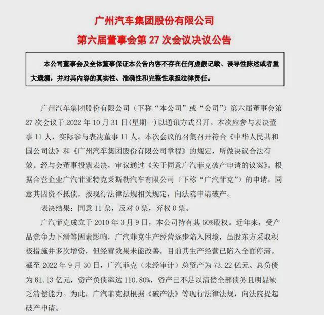 总负债81.13亿元 广汽菲克正式向法院申请破产